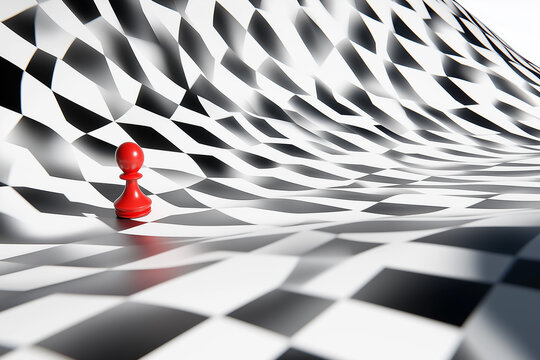 Chess board pattern with red pawn creating an abstract illusion and perspective wave effect.