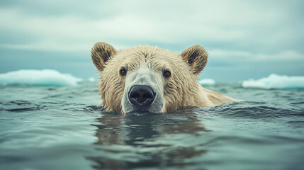 Fototapeta premium Close up photo of polar bear is swimming on water with of melting glacier on the blue sky and white clouds background. Wildlife nature. Climate change