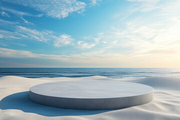 circle concrete Product display podium on sand dunes with sea and blue sky on background,ideal mockup for product display presentation backdrop design
