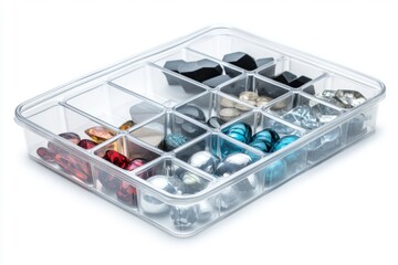 A transparent storage organizer filled with colorful metallic objects. Perfect for craft enthusiasts. Organize your space easily. Generative AI