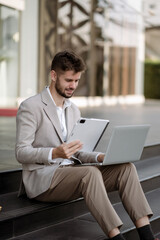 Fototapeta premium Male businessman working online, small business lifestyle.
