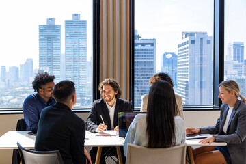 Team of diversity business people are discussing over new strategic strategy project on investment...