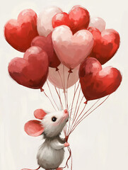 Adorable mouse with heart balloons: a cute illustration for Valentine and party celebrations
