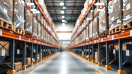 Fototapeta premium Blurred interior view of warehouse and corridor with pallet racks and boxes packages