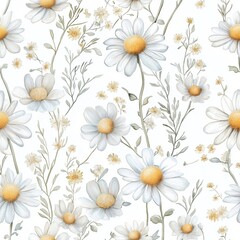 Fototapeta premium Seamless pattern with delicate chamomile flowers and soft greenery on white