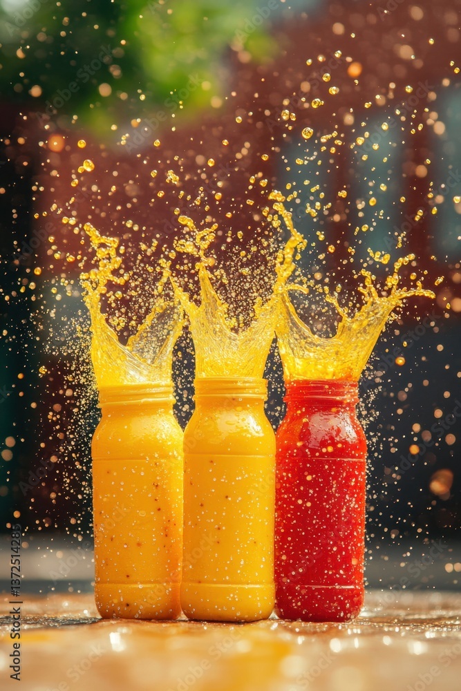 Poster vibrant splash of summer refreshment three colorful juices exploding with flavor in glass bottles