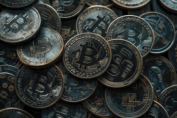 A collection of dark metallic Bitcoin coins stacked in a close-up view
