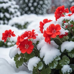 Red Geraniums Under Snow