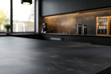 A dark minimalist kitchen countertop with a sleek modern design