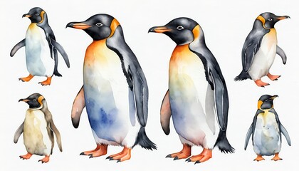 Fototapeta premium Watercolor King Penguins A Family Portrait