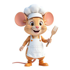 Adorable 3D rendering of a smiling cartoon mouse chef holding a wooden fork. Perfect for children's books, websites, and food-related projects.