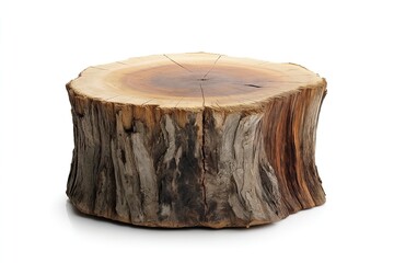 A tree stump with visible growth rings, isolated on a white background, showing rustic wooden textures
