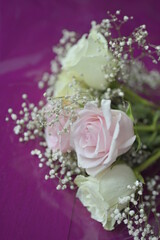 Delicate bouquet of pale pink and white roses with baby's breath flowers resting on a vibrant purple surface creating a soft romantic and elegant atmosphere perfect for weddings celebrations