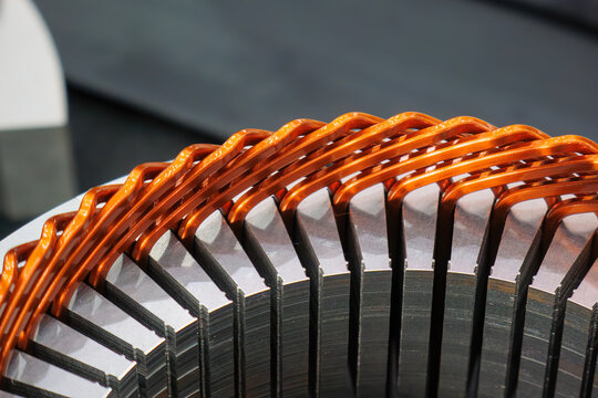 Close up scene the bar wound stator parts  for electric car motor.