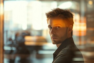 A young man in a dark shirt looks over his shoulder with warm golden light reflections