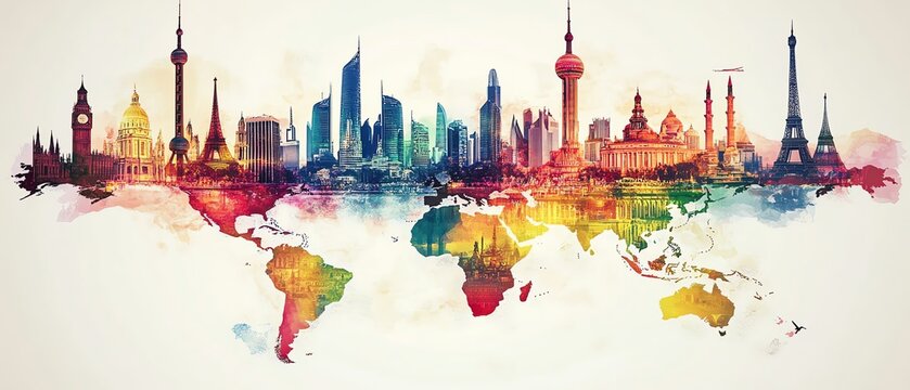 world map with iconic landmarks and colorful cultural buildings, representing various global traditions and architectural styles, bright and vivid colors, highresolution design