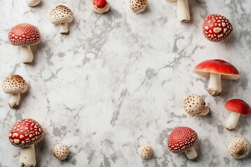 A collection of Amanita muscaria mushrooms of various sizes is scattered on a light textured background, creating a natural composition