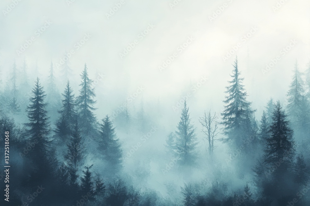 Poster misty forest landscape with dense fog and evergreen trees creating a tranquil and serene atmosphere 