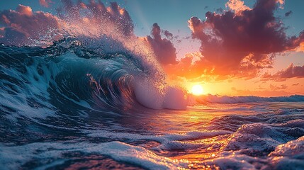 Fototapeta premium A magnificent ocean wave with a huge splash under a beautiful sunset sky, where the vibrant blue - green water meets the warm orange - pink sky, showing the power and beauty of nature's elements.