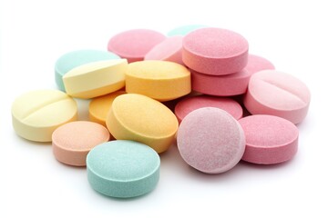 A pile of multicolored pills and capsules scattered on a white background, representing medicine and health supplements