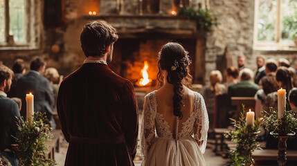 Obraz premium Medieval Wedding Ceremony. A medieval wedding ceremony takes place indoors by a warm fireplace, with the bride and groom facing away from the camera toward the guests.