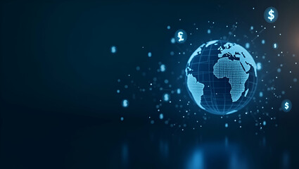 Obraz premium Explore minimal wallpaper featuring abstract globe icons and digital currency symbols, emphasizing secure cross-border payments and modern fintech.