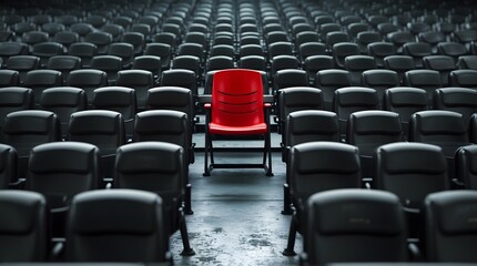 Fototapeta premium Single Red Chair in a Sea of Black Seats - Concept of Uniqueness and Individuality