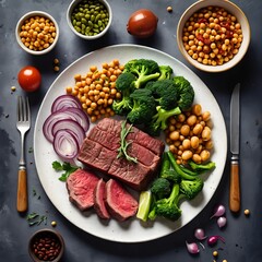 Healthy Balanced Meal Sliced Beef with Roasted Vegetables and Legumes