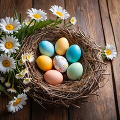 Easter Eggs in Bird Nest with Daisies