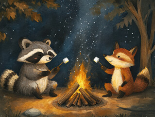 A raccoon and a fox roast marshmallows by a campfire under a starry sky, surrounded by warm glowing light and rich earthy tones, painted in a cozy watercolor style with soft and expressive brushwork