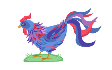 Animals, poultry on the farm. Beautiful bright multicolored rooster on white background. Children's flat cartoon vector illustration.