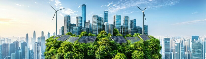 Fototapeta premium Sustainable urban development driving innovation in corporate offices cityscape gigapixel image green environment aerial view