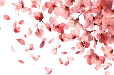 Pink peach blossom petals flying in the air, transparent background