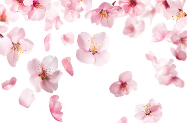 Pink peach blossom petals flying in the air, transparent background