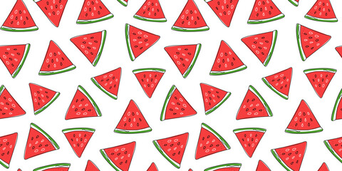  Seamless pattern, hand drawn watermelon, natural food. Simple drawing, doodle. Slices of juicy watermelon. Repeating vector summer background.