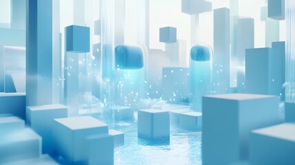 A white and blue virtual space with floating abstract shapes, cubes, tubes, and glass blocks