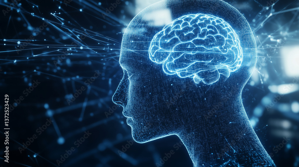 Poster digital representation of human head with glowing brain, symbolizing artificial intelligence and neu