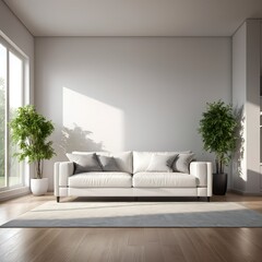 Modern Minimalist Living Room Interior with White Sofa and Plants