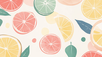 Colorful citrus fruit pattern featuring abstract grapefruit, lemon, and lime design