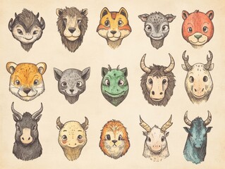 Obraz premium A pack of whimsical hand-drawn animal illustrations