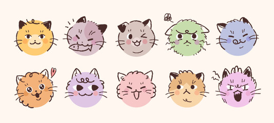 Cute cats facial expression icons. A collection of simple face stickers drawn with pencil lines in a circle.