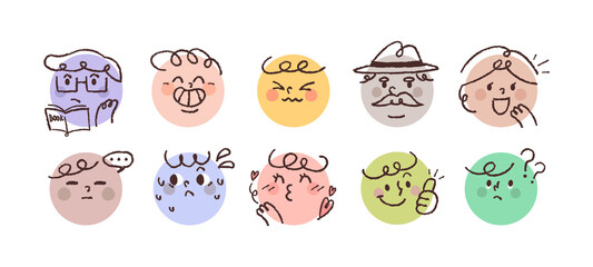 Cute people facial expression icons. A collection of simple face stickers drawn with pencil lines in a circle.