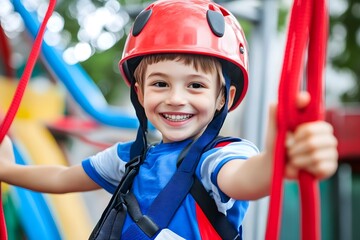 Smiling boy with helmet on ropes, happy and secure