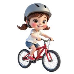 Adorable 3D cartoon girl happily riding a red bicycle while wearing a safety helmet.
