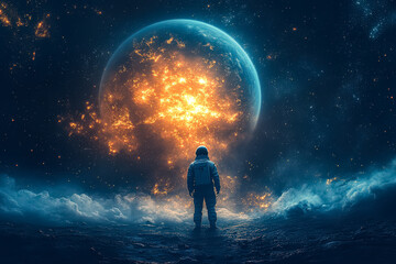 Obraz premium Man in a spacesuit stands on a planet with a large red fire in the background. The scene is set in outer space and the man is looking up at the fire. Scene is one of awe and wonder