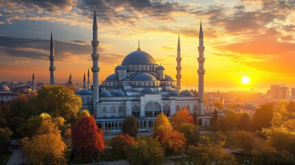 Obraz premium Dramatic Istanbul mosque landscape at sunrise displaying serene skyline