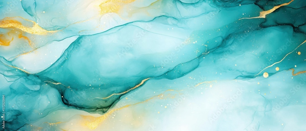 Poster ethereal teal and gold abstract art painting with flowing shapes and shimmering highlights creating 