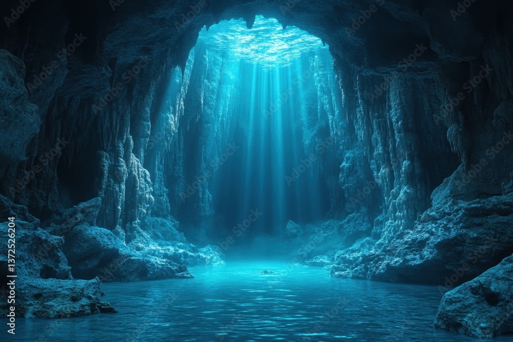 Poster serene underwater cave with ethereal light rays illuminating the tranquil water surface creating a m