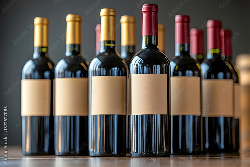 Poster collection of wine bottles with blank labels arranged neatly on a surface. generative ai.