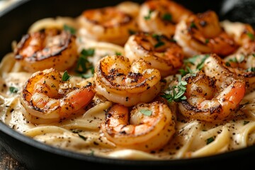 Cajun Shrimp Fettuccine Alfredo in a Cast Iron Pan Creamy Pasta with Parmesan & Golden Seared Shrimp Perfect for Restaurant Menus, Food Blogs, Social Media & Recipe Books